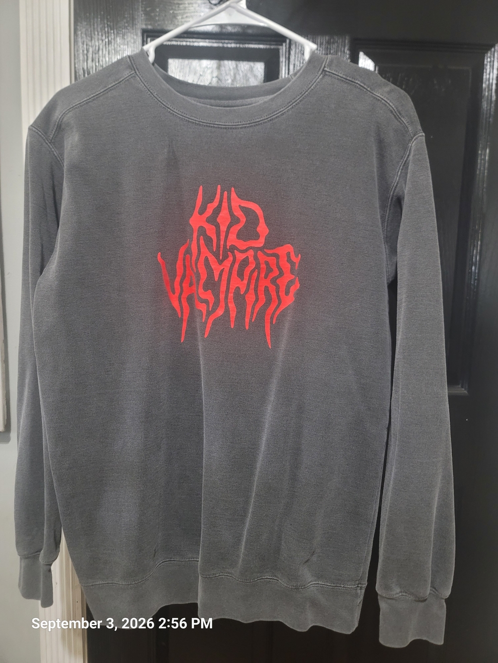 Men's Kid Vampire Washed Black Crewneck Sweatshirt with Red Logo